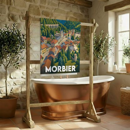 Serviette de bain souvenir de la ville de Morbier avec une illustration stylisée.