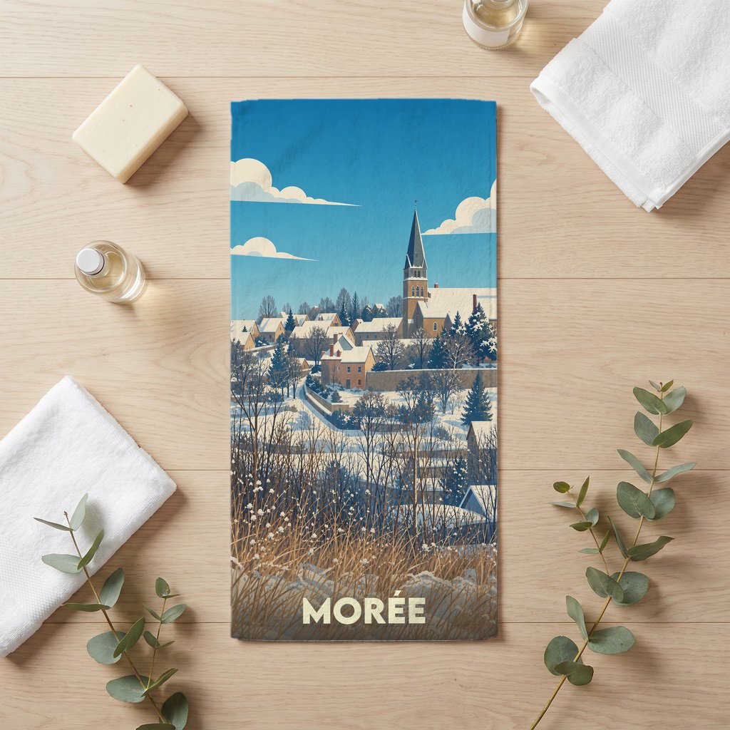 Serviette de bain souvenir de la ville de Morée avec une illustration hivernale stylisée.