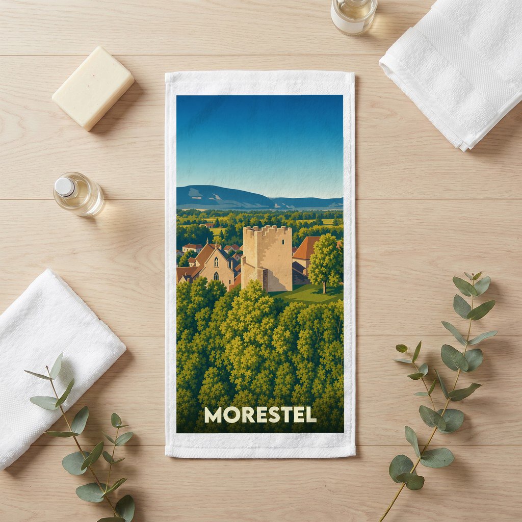 Serviette de bain souvenir de la ville de Morestel avec une illustration stylisée d'un paysage médiéval.
