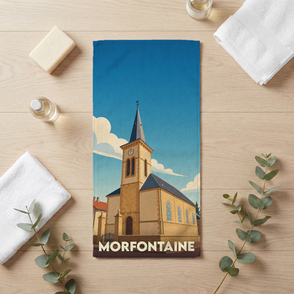 Serviette de bain souvenir de la ville de Morfontaine illustrée par une église stylisée sous un ciel bleu.