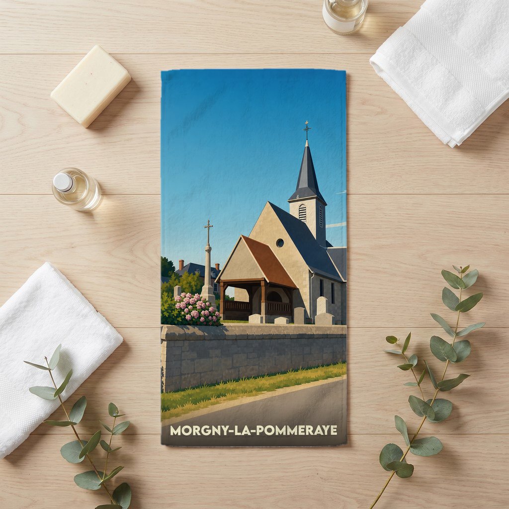 Serviette de bain souvenir de Morgny-la-Pommeraye illustrée d'une église de campagne sous un ciel bleu.