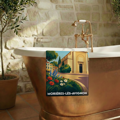 Serviette de bain souvenir de la ville de Morières-lès-Avignon avec une illustration stylisée.