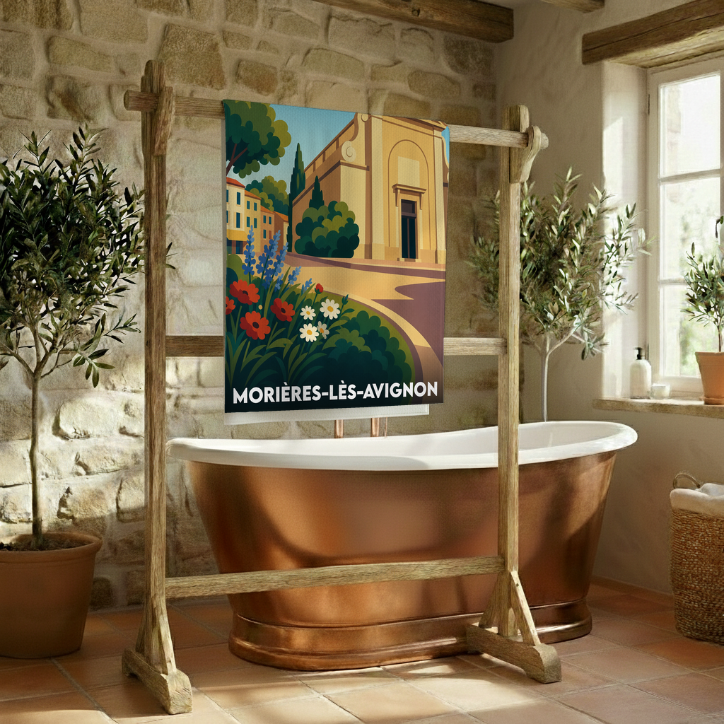 Serviette de bain souvenir de la ville de Morières-lès-Avignon avec une illustration stylisée.