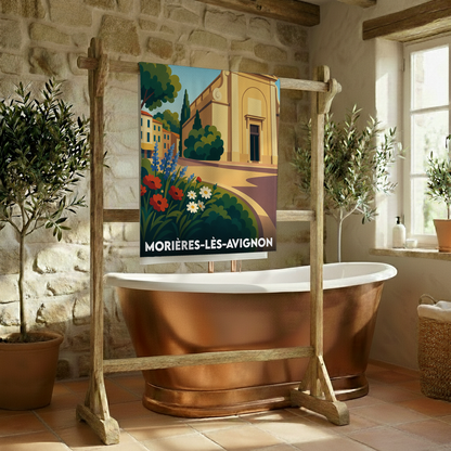 Serviette de bain souvenir de la ville de Morières-lès-Avignon avec une illustration stylisée.