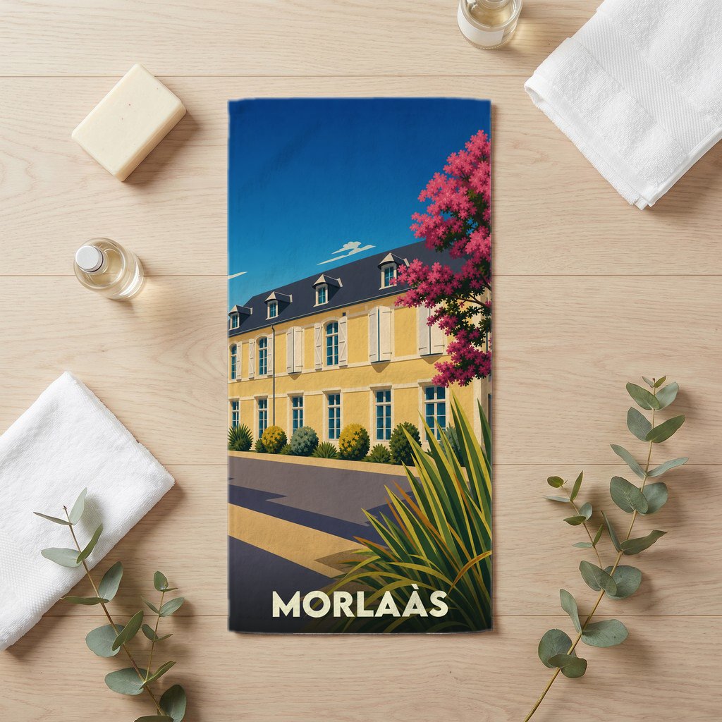 Serviette de bain souvenir de la ville de Morlaàs avec une illustration stylisée d'un bâtiment historique.