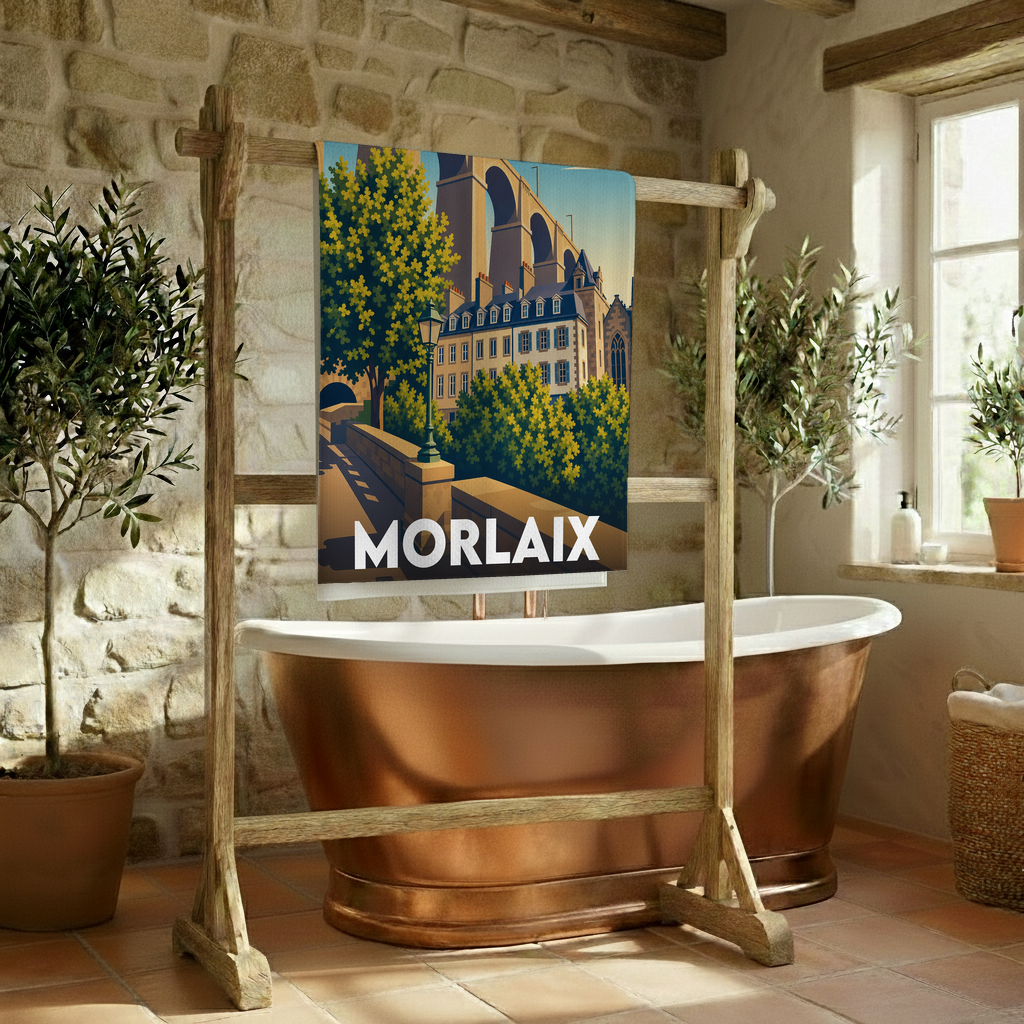 Serviette de bain souvenir de la ville de Morlaix avec une illustration stylisée.