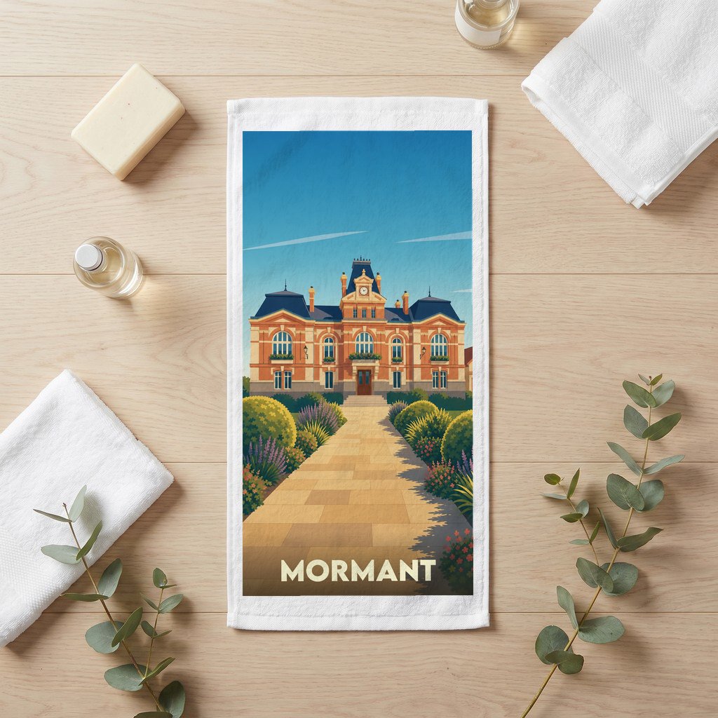 Serviette de bain souvenir de la ville de Mormant avec une illustration stylisée de son hôtel de ville.