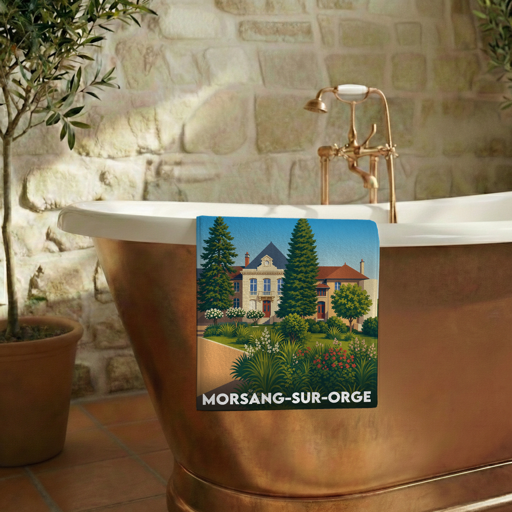 Serviette de bain souvenir de la ville de Morsang-sur-Orge avec une illustration stylisée.