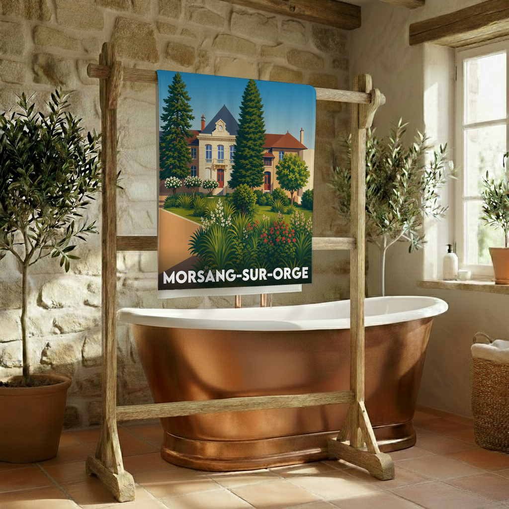Serviette de bain souvenir de la ville de Morsang-sur-Orge avec une illustration stylisée.
