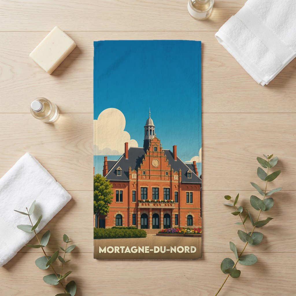 Serviette de bain souvenir de la ville de Mortagne-du-Nord avec une illustration stylisée de son hôtel de ville.
