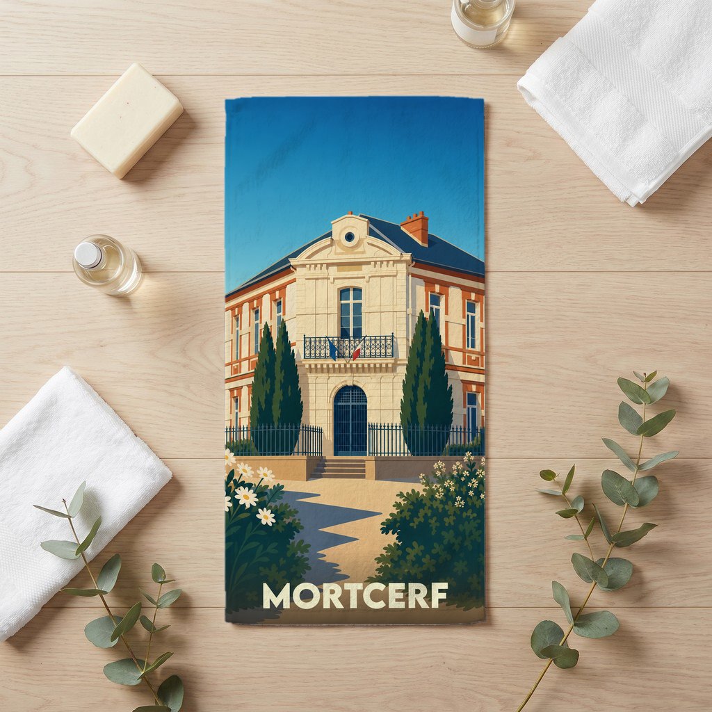 Serviette de bain souvenir de la ville de Mortcerf avec une illustration stylisée de sa mairie.