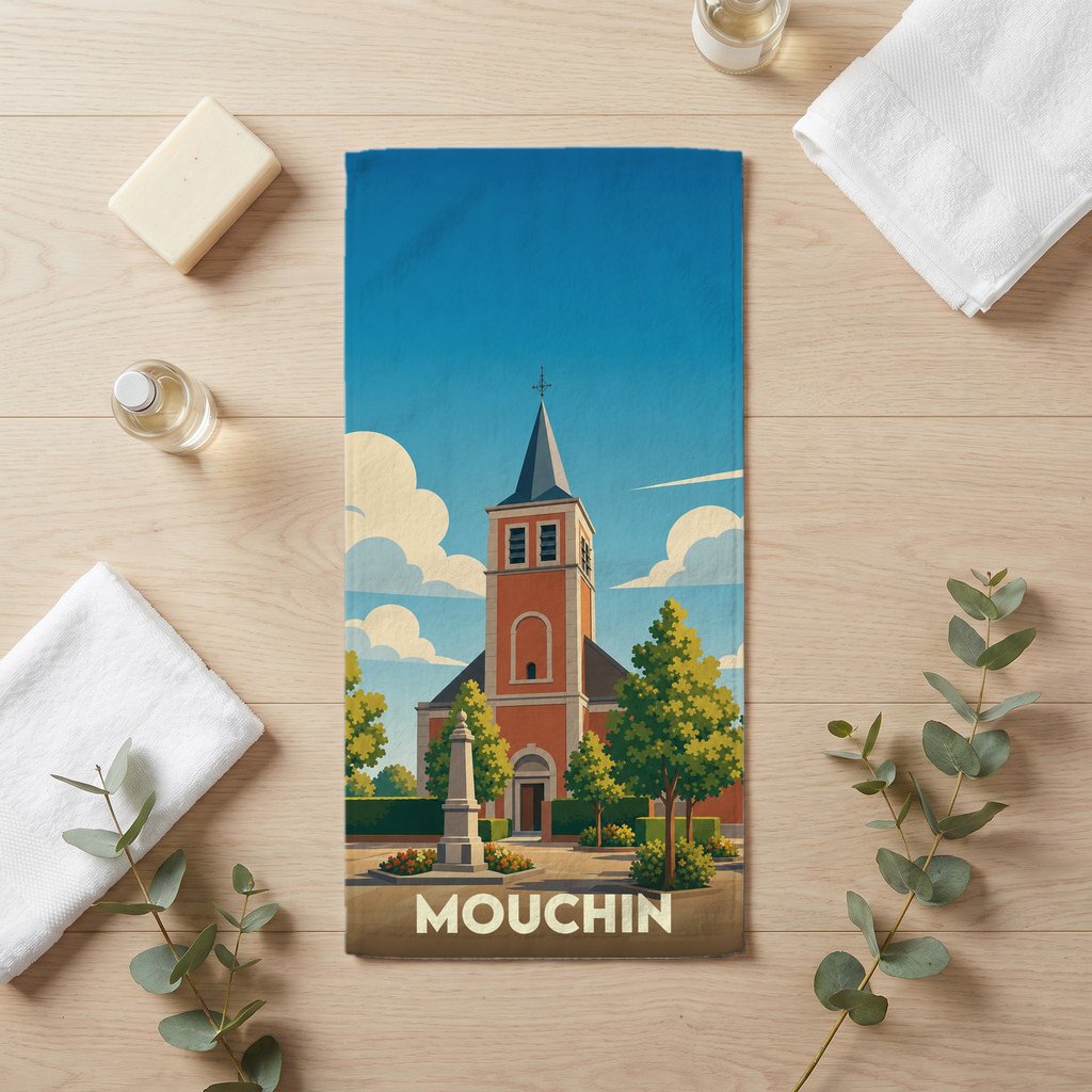 Serviette de bain souvenir de la ville de Mouchin avec une illustration stylisée de son église.