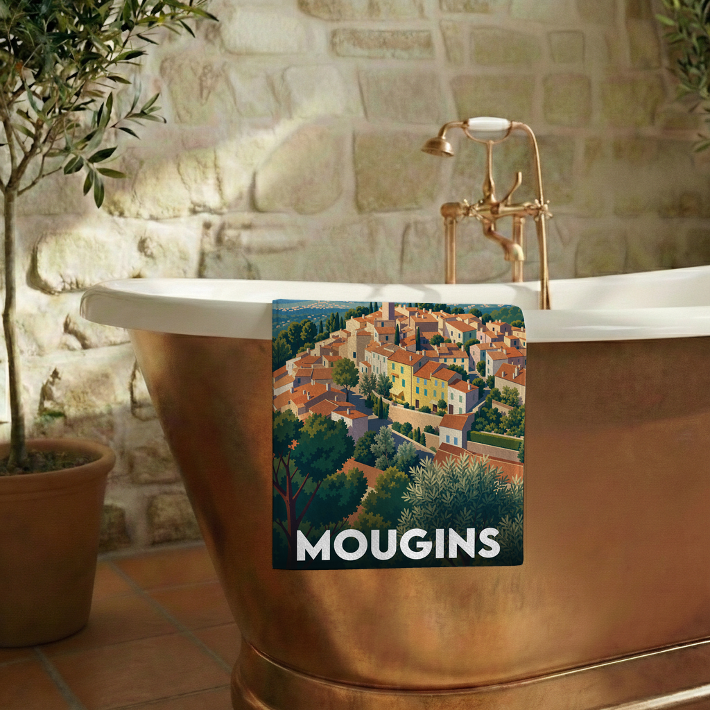 Serviette de bain souvenir de la ville de Mougins avec une illustration stylisée.