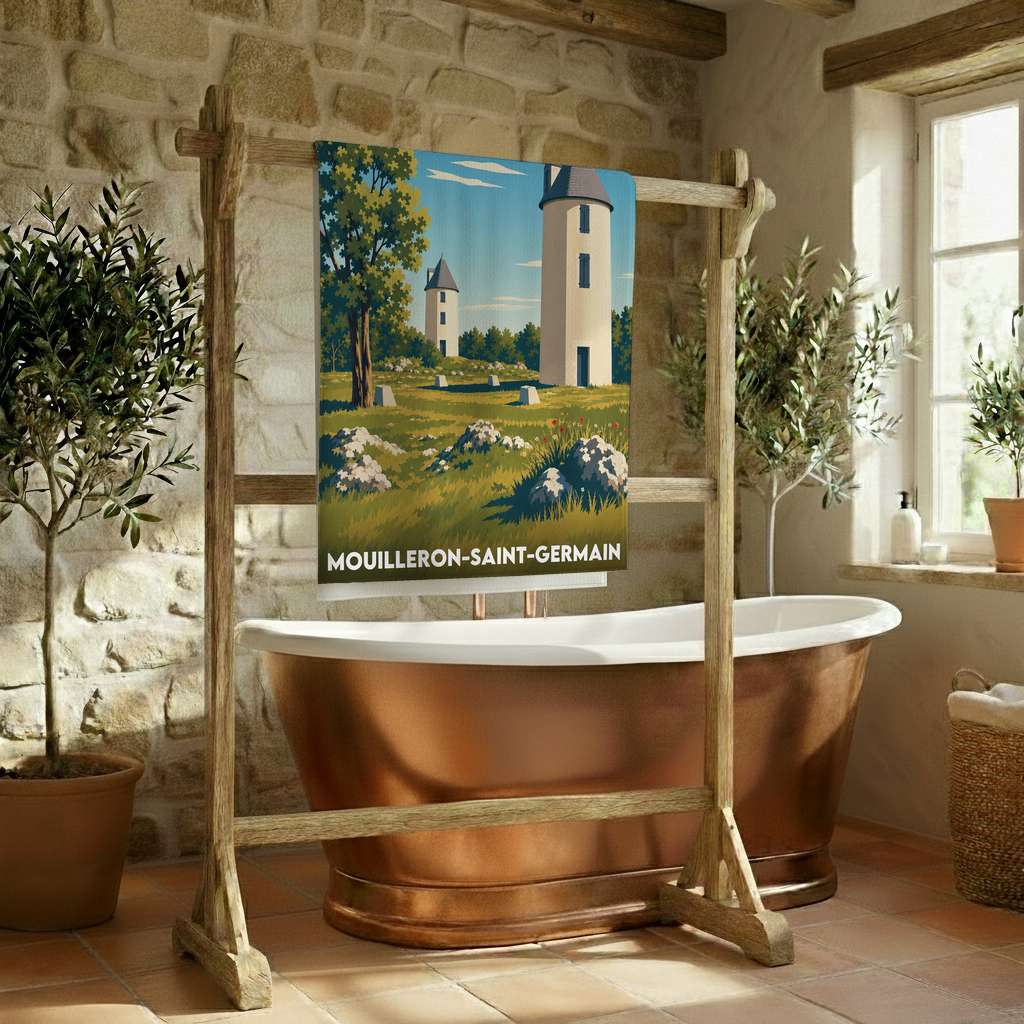 Serviette de bain souvenir de la ville de Mouilleron-Saint-Germain avec une illustration stylisée.