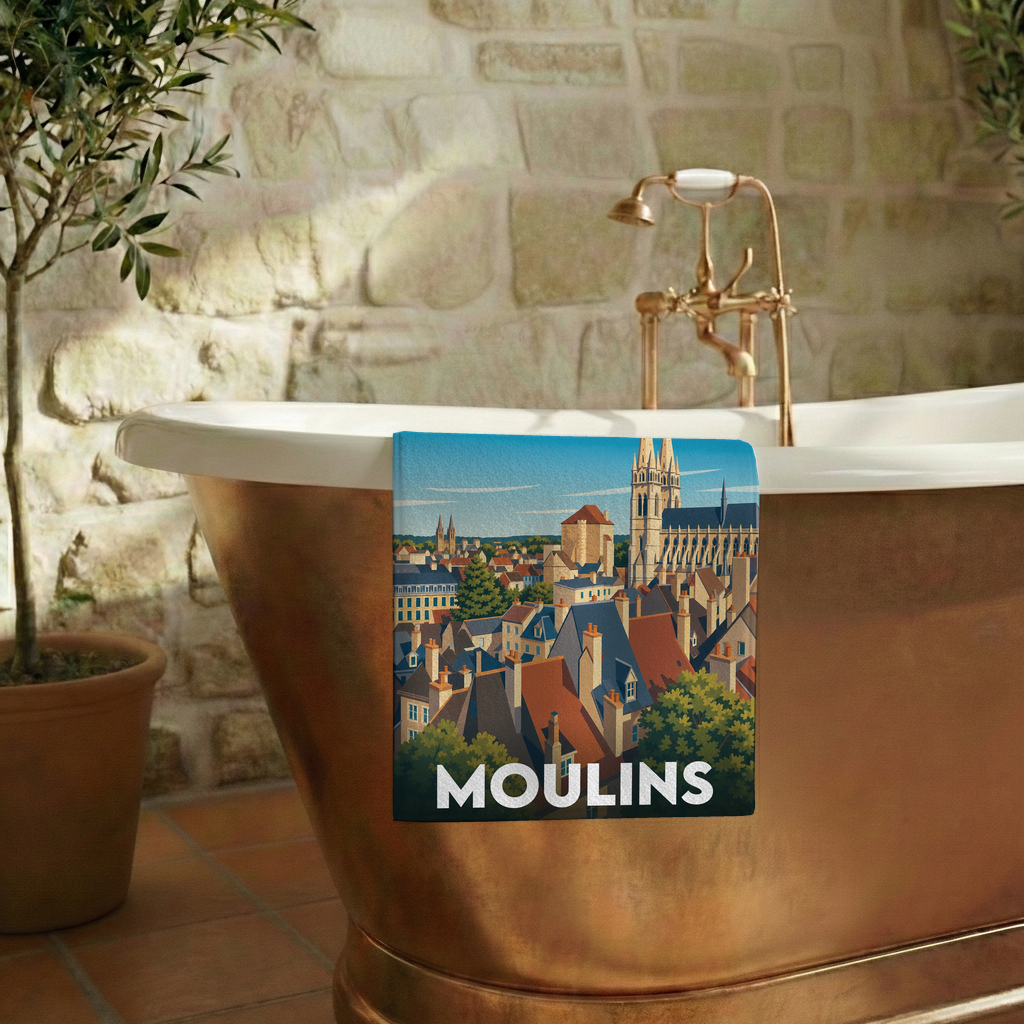 Serviette de bain souvenir de la ville de Moulins avec une illustration stylisée.
