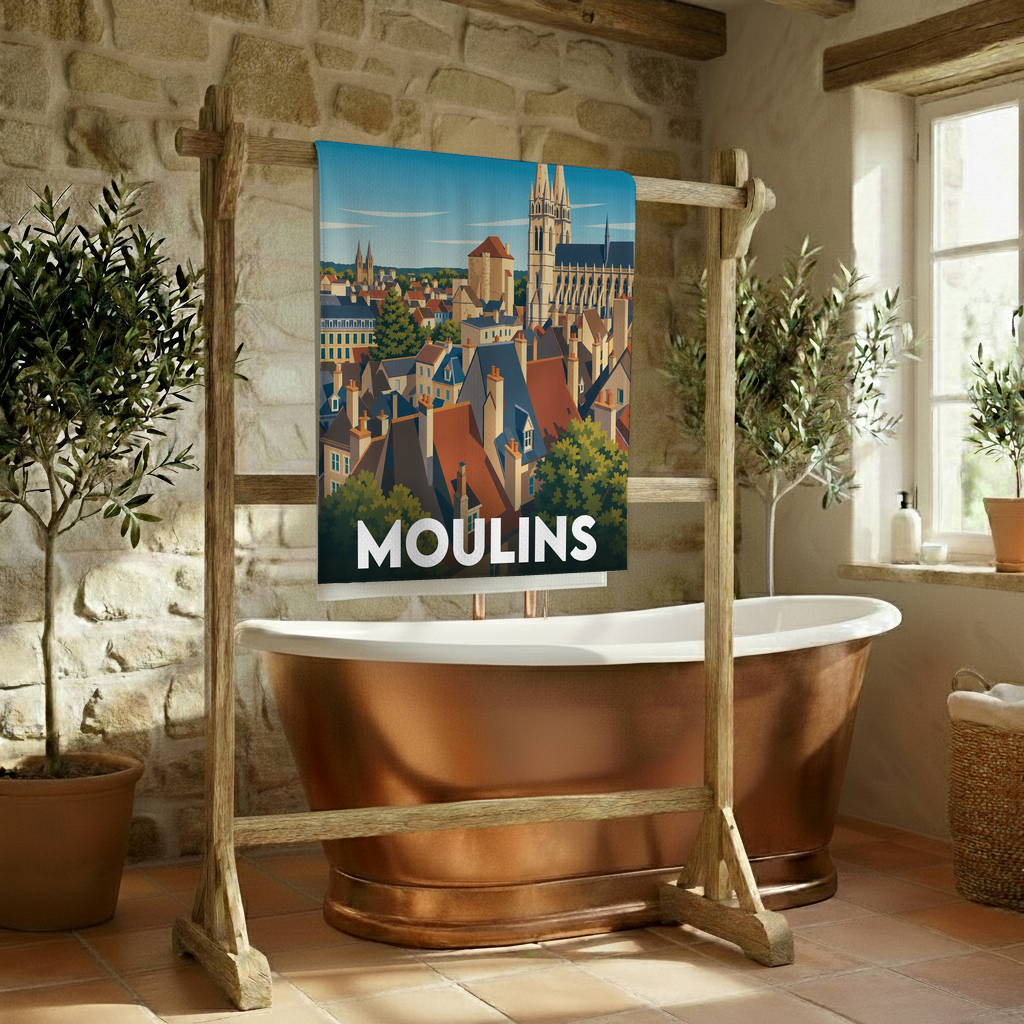 Serviette de bain souvenir de la ville de Moulins avec une illustration stylisée.