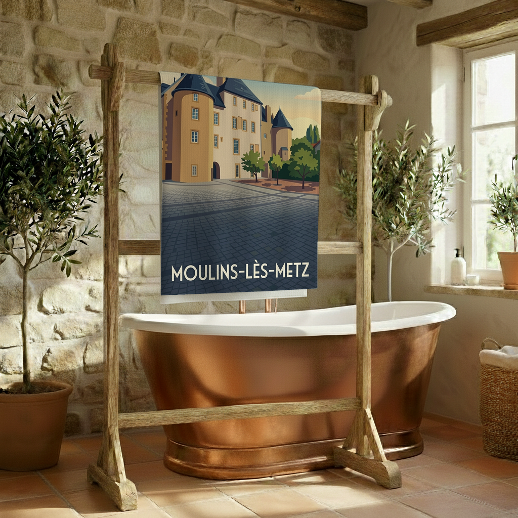 Serviette de bain souvenir de la ville de Moulins-lès-Metz avec une illustration stylisée.