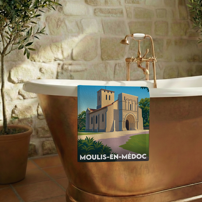 Serviette de bain souvenir de la ville de Moulis-en-Médoc avec une illustration stylisée.