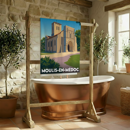 Serviette de bain souvenir de la ville de Moulis-en-Médoc avec une illustration stylisée de son église.