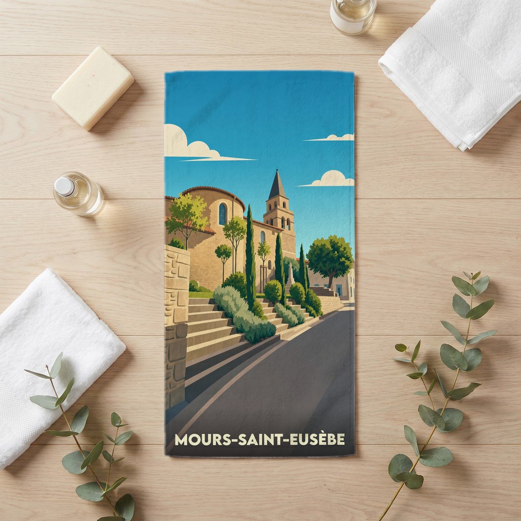 Serviette de bain souvenir de la ville de Mours-Saint-Eusèbe avec une illustration stylisée.