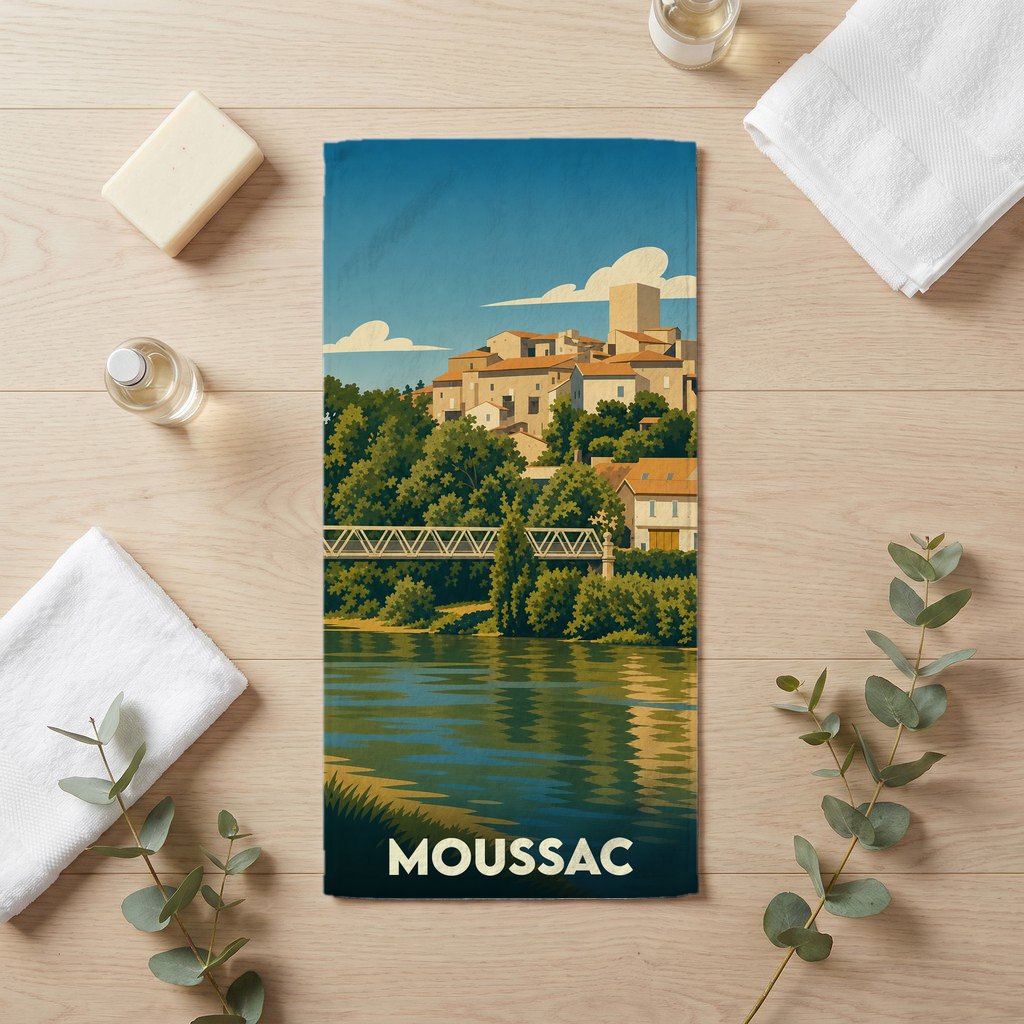 Serviette de bain souvenir de la ville de Moussac avec une illustration stylisée.