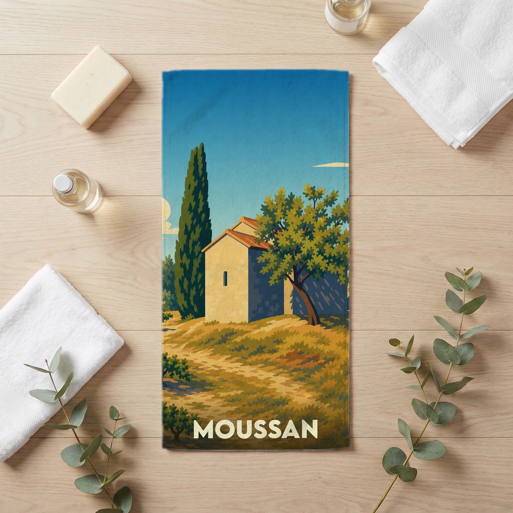 Serviette de bain souvenir de la ville de Moussan avec une illustration stylisée de paysage provençal.
