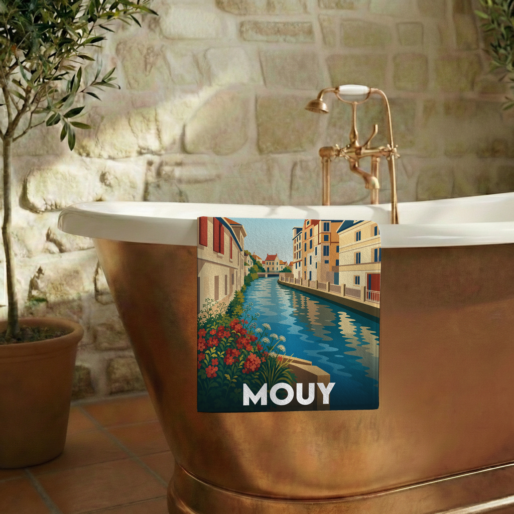 Serviette de bain souvenir de la ville de Mouy avec une illustration stylisée.