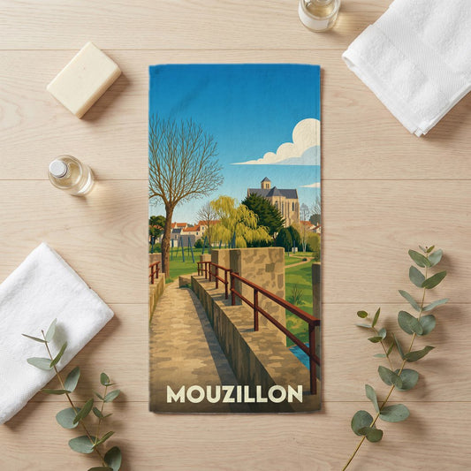 Serviette de bain souvenir de la ville de Mouzillon avec une illustration stylisée d'un pont en pierre.