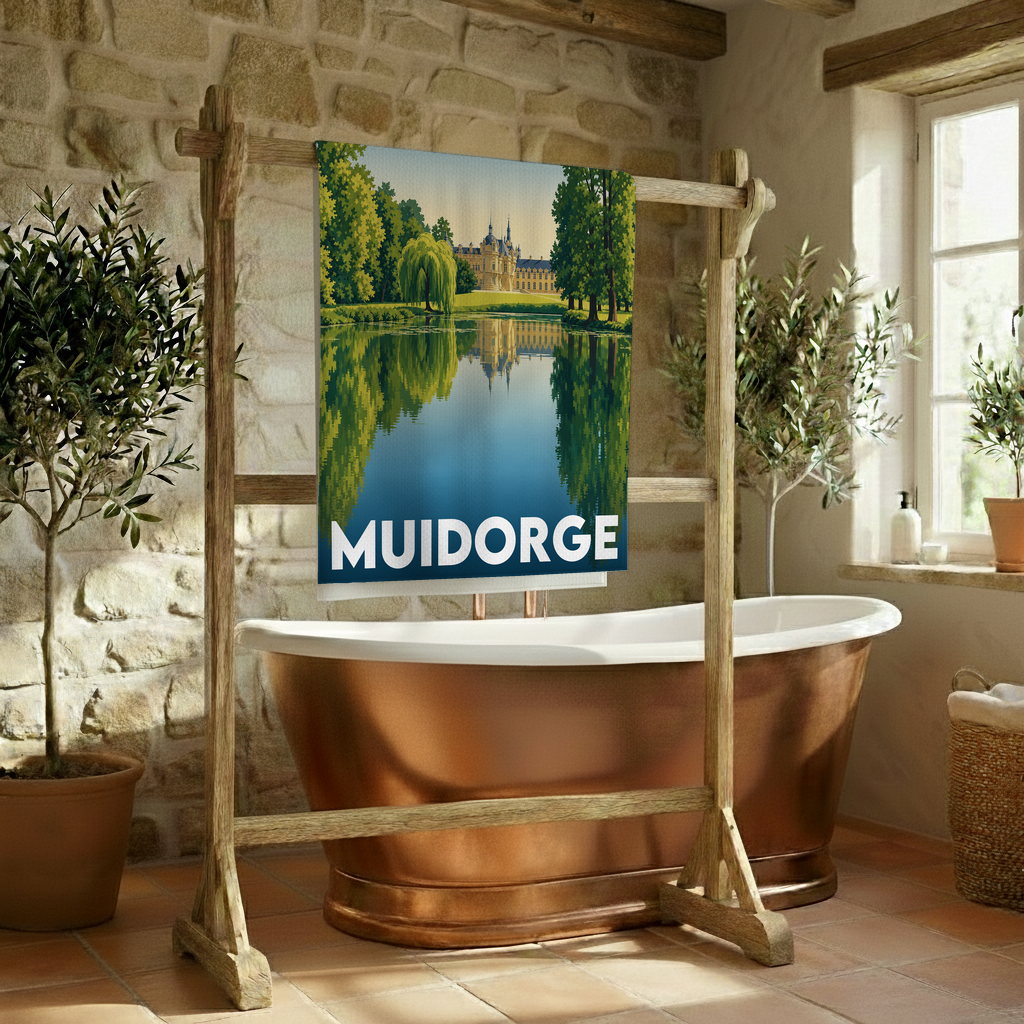 Serviette de bain souvenir de la ville de Muidorge avec une illustration stylisée.