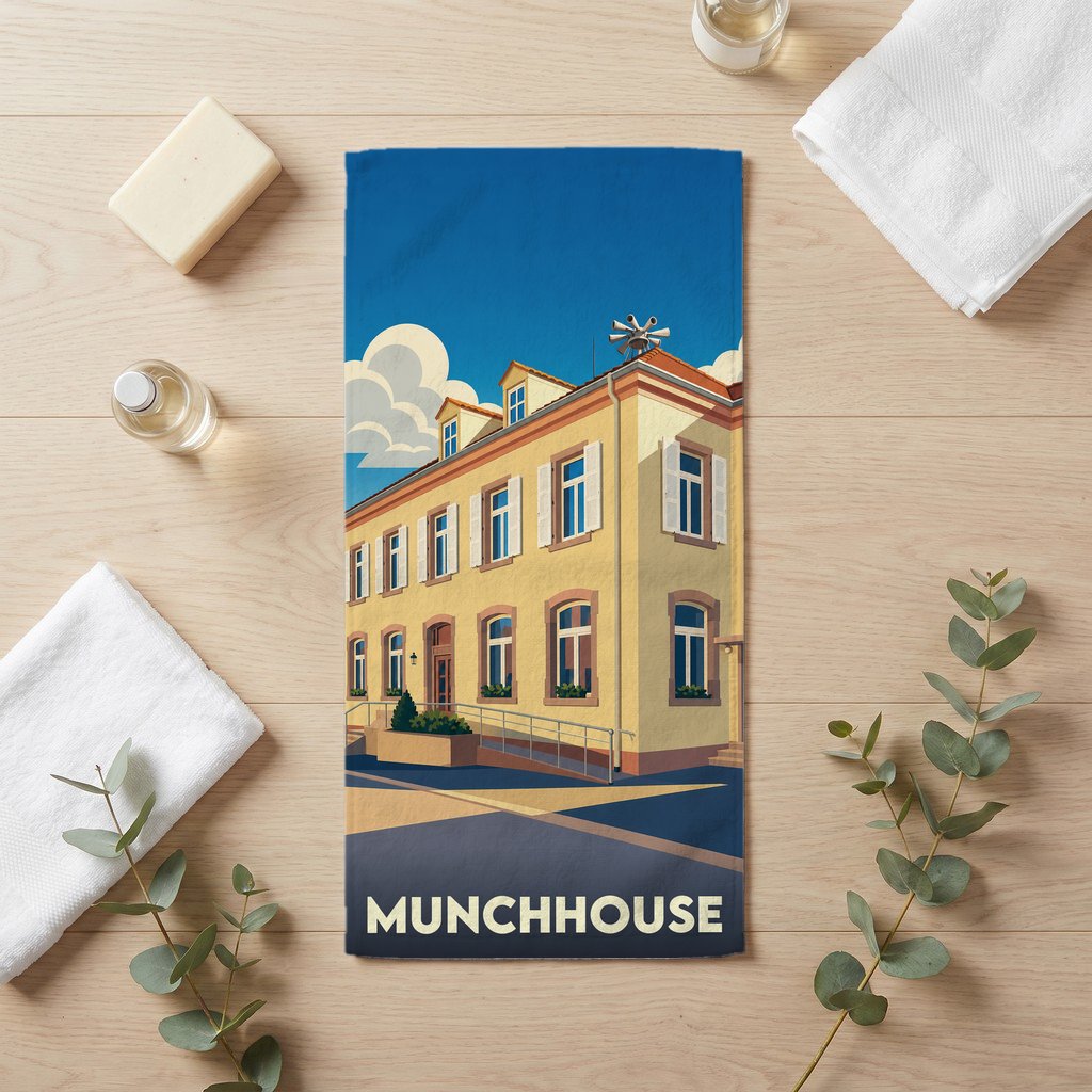 Serviette de bain souvenir de la ville de Munchhouse illustrée d'un bâtiment stylisé sous un ciel bleu.