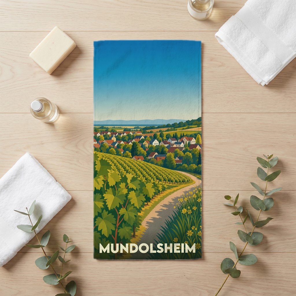 Serviette de bain souvenir de la ville de Mundolsheim illustrant un paysage de vignobles et de village.