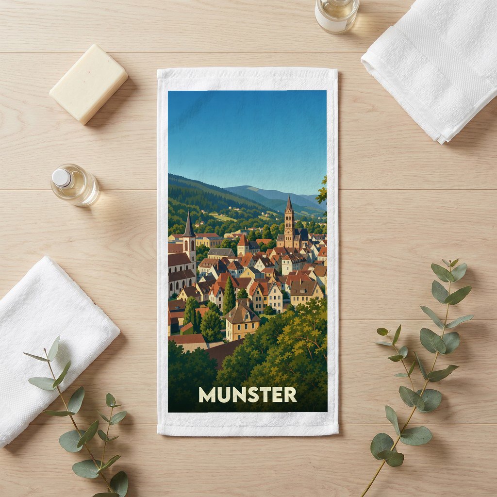 Serviette de bain souvenir de la ville de Munster avec une illustration stylisée.