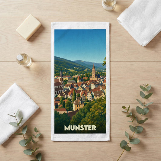 Serviette de bain souvenir de la ville de Munster avec une illustration stylisée.