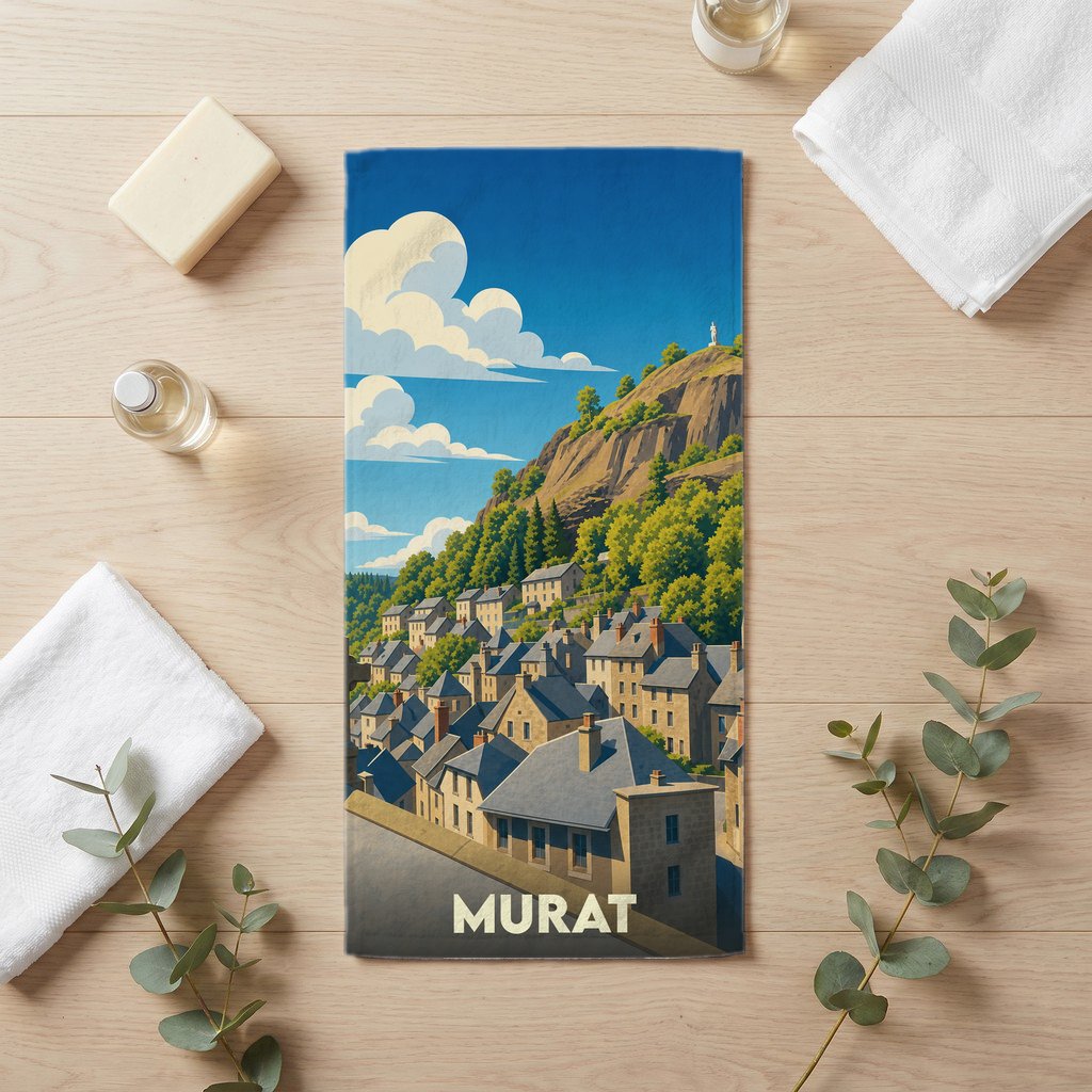 Serviette de bain souvenir de la ville de Murat avec une illustration stylisée de ses maisons en pierre au pied d'une falaise.