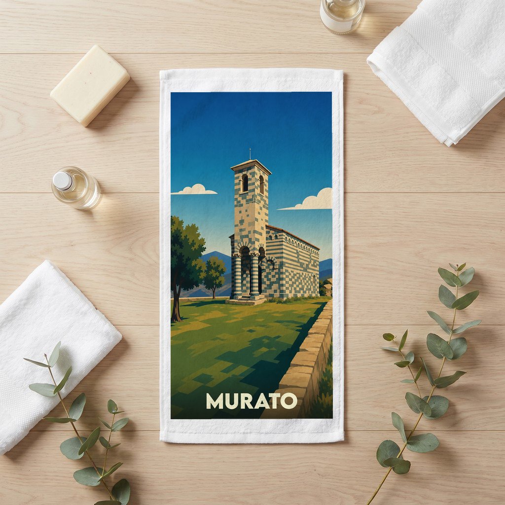 Serviette de bain souvenir de la ville de Murato illustrée d'une église de style pisan.