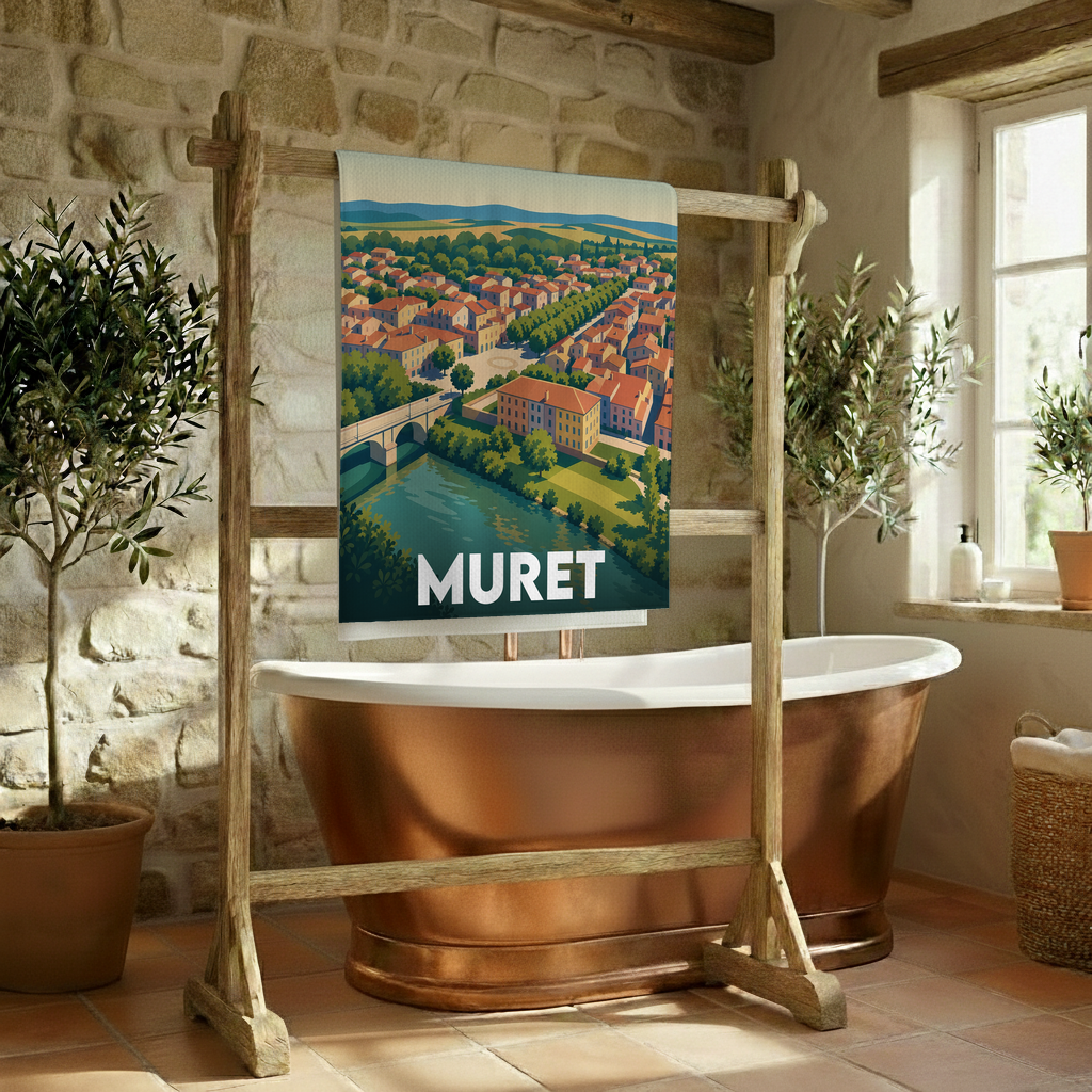 Serviette de bain souvenir de la ville de Muret avec une illustration stylisée d'un paysage urbain au bord de l'eau.