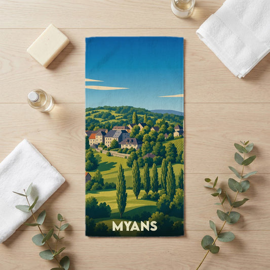 Serviette de bain souvenir de la ville de Myans illustrée d'un paysage de campagne stylisé.