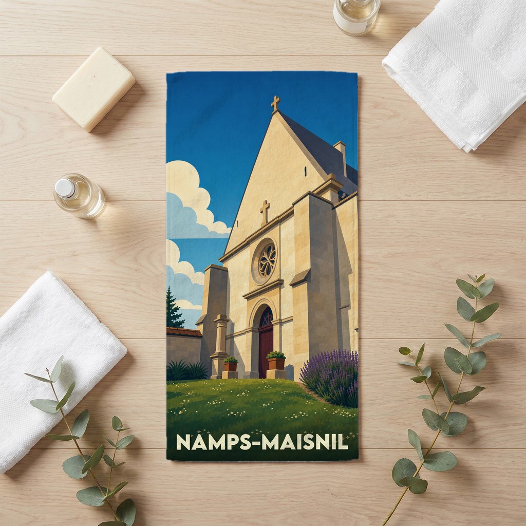 Serviette de bain souvenir de la ville de Namps-Maisnil avec une illustration stylisée d'église.