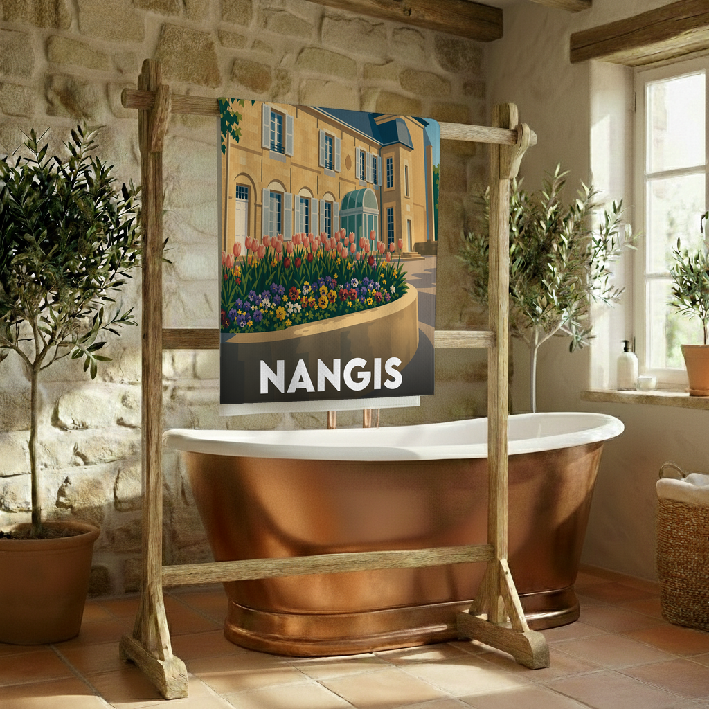 Serviette de bain souvenir de la ville de Nangis avec une illustration stylisée de son château.