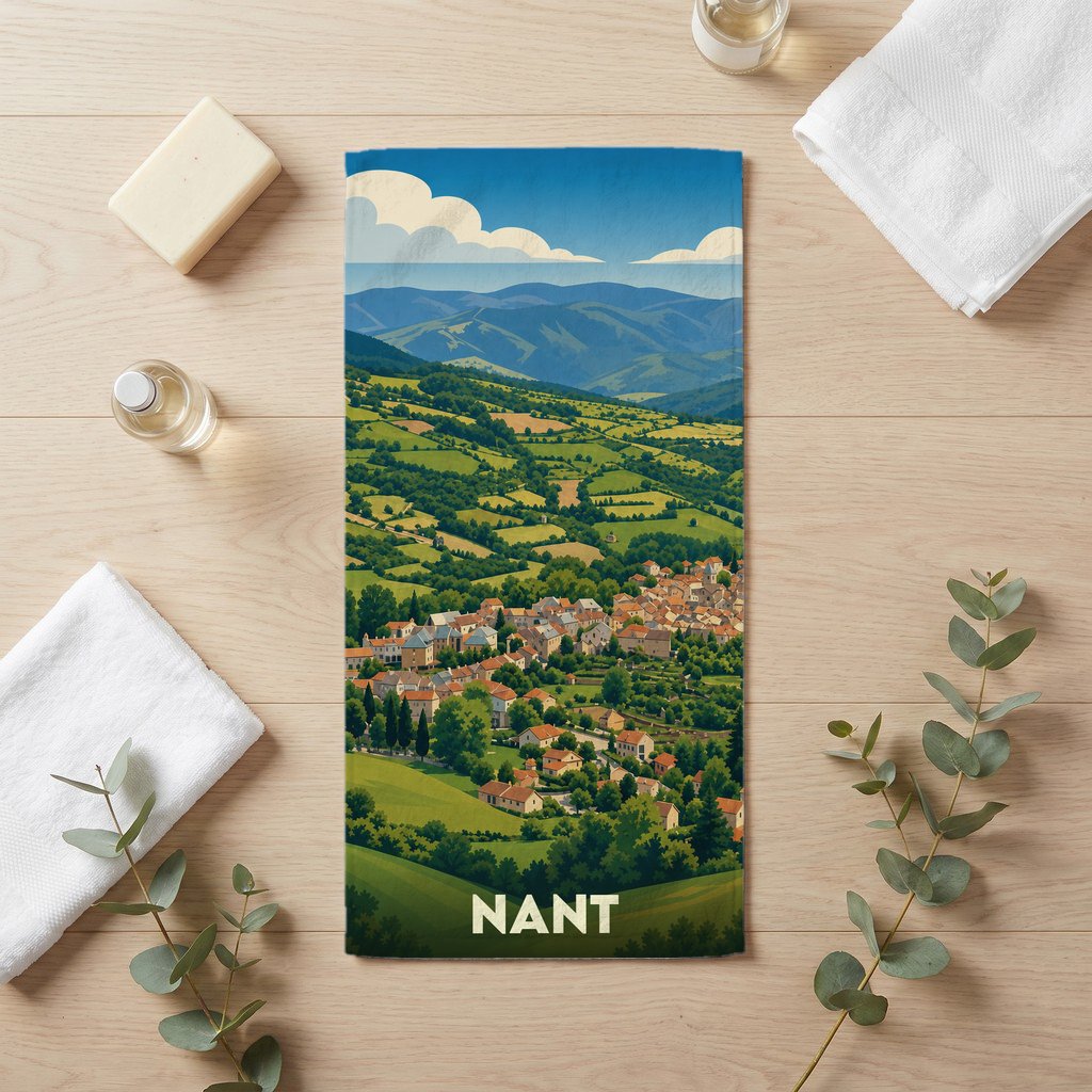 Serviette de bain souvenir de la ville de Nant avec une illustration stylisée de paysages vallonnés.
