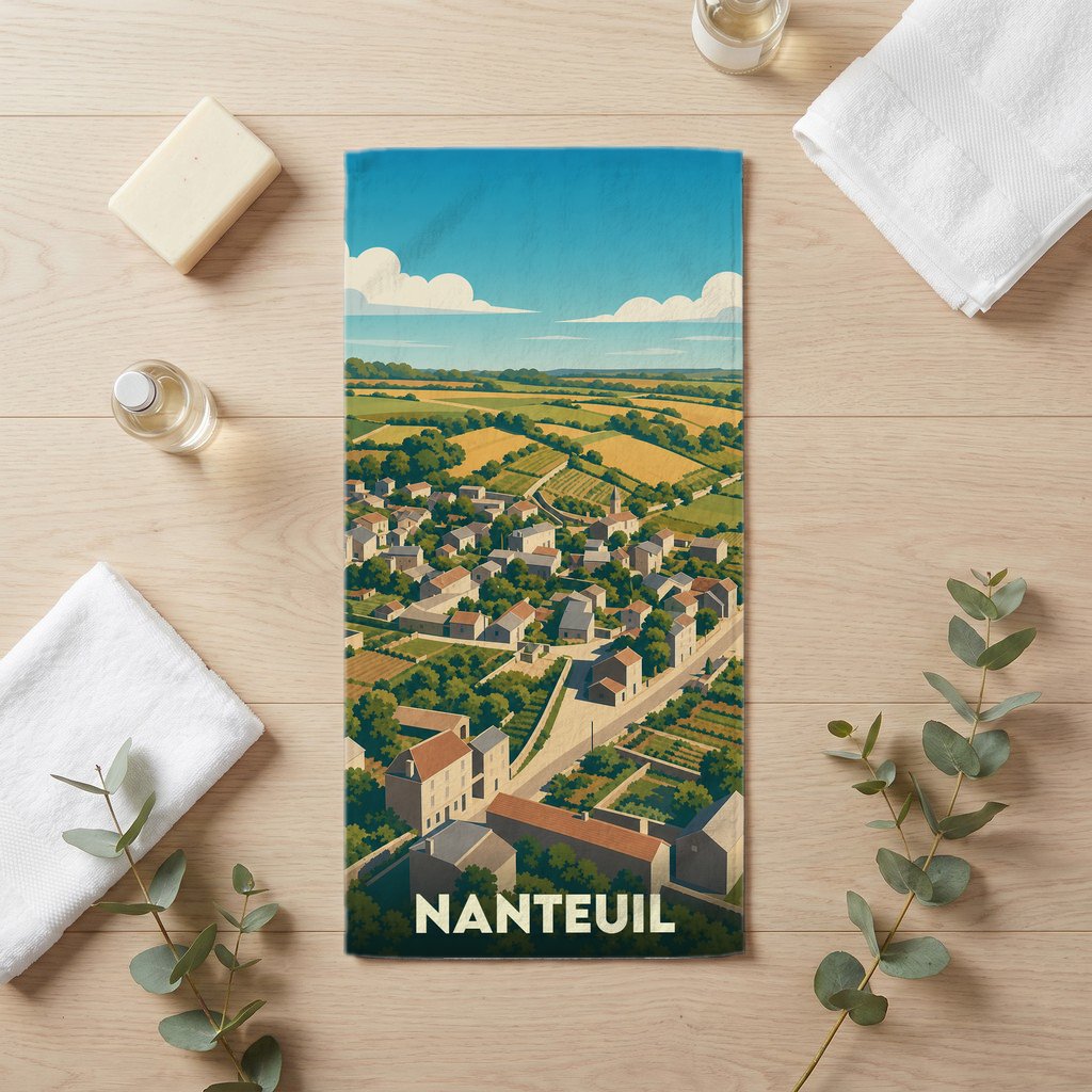 Serviette de bain souvenir de la ville de Nanteuil avec une illustration stylisée d'un paysage champêtre.