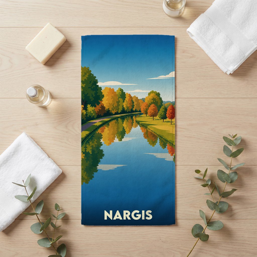 Serviette de bain souvenir de la ville de Nargis avec une illustration stylisée d'un canal bordé d'arbres.