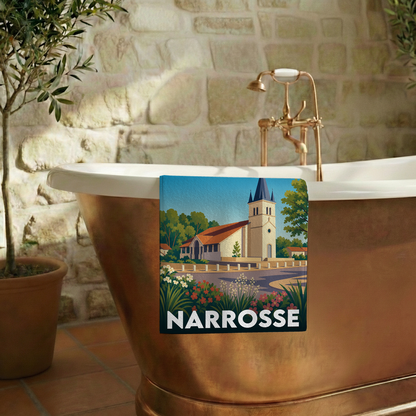 Serviette de bain souvenir de la ville de Narrosse avec une illustration stylisée de son église.