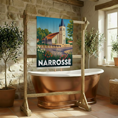 Serviette de bain souvenir de la ville de Narrosse avec une illustration stylisée.