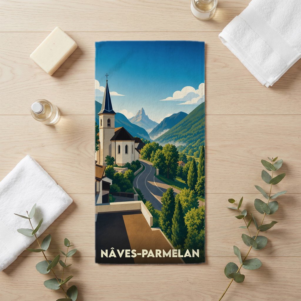 Serviette de bain souvenir de la ville de Nâves-Parmelan avec une illustration stylisée de montagne.