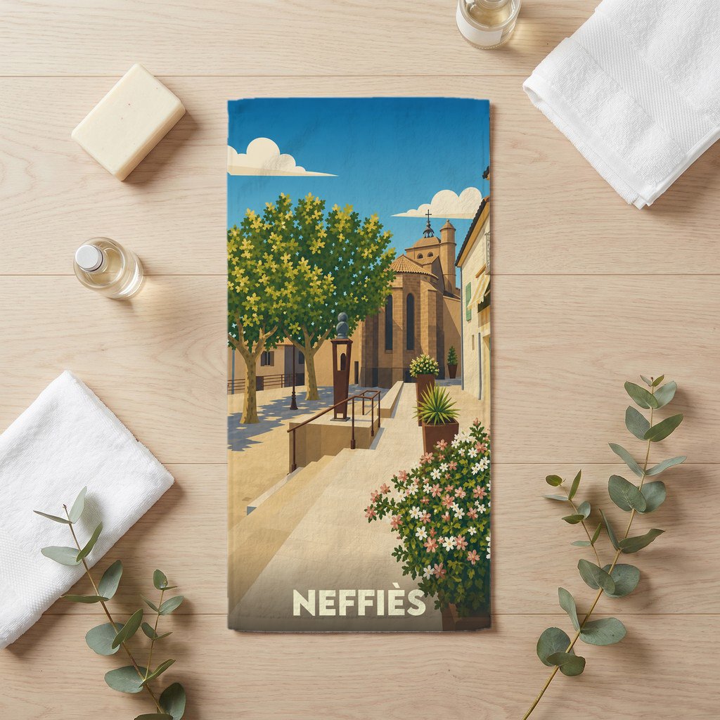 Serviette de bain souvenir de la ville de Neffiès ornée d'une illustration stylisée du village.