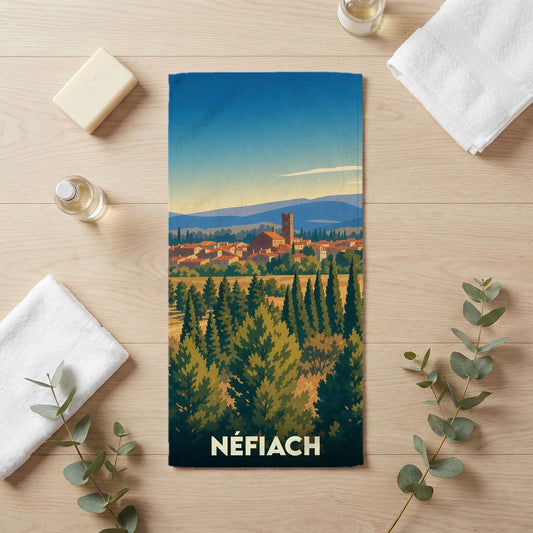 Serviette de bain souvenir de la ville de Néfiach avec une illustration stylisée de son paysage.