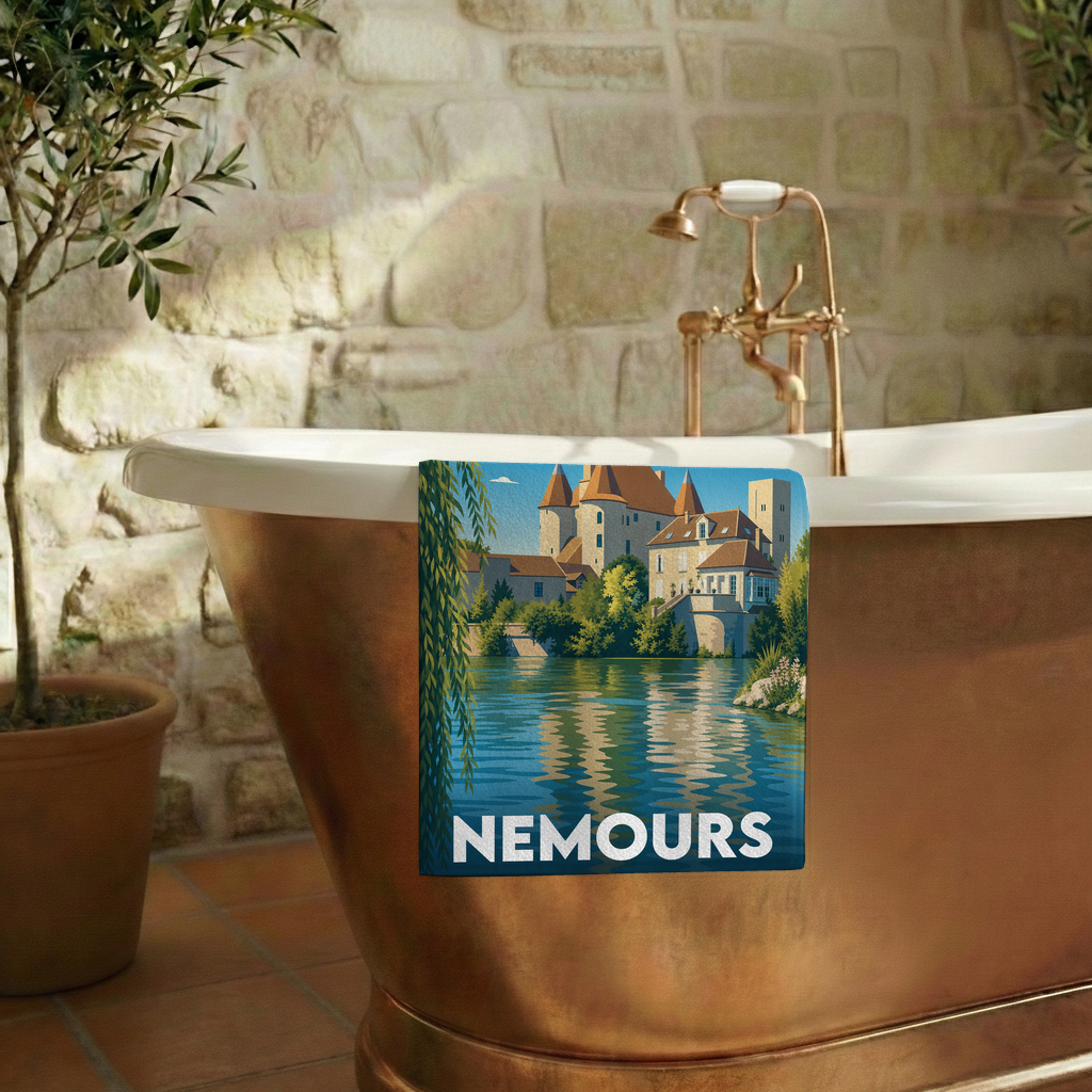 Serviette de bain souvenir de la ville de Nemours avec une illustration stylisée de son château au bord de l'eau.
