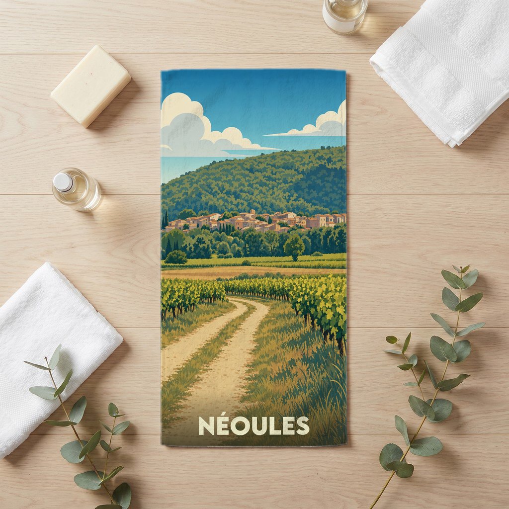 Serviette de bain souvenir de la ville de Néoules avec une illustration stylisée de paysages provençaux.