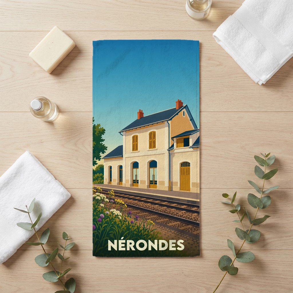 Serviette de bain souvenir de la ville de Nérondes avec une illustration stylisée de sa gare ferroviaire.